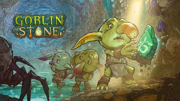 Three goblins run through their caves. One has discovered a magical stone.