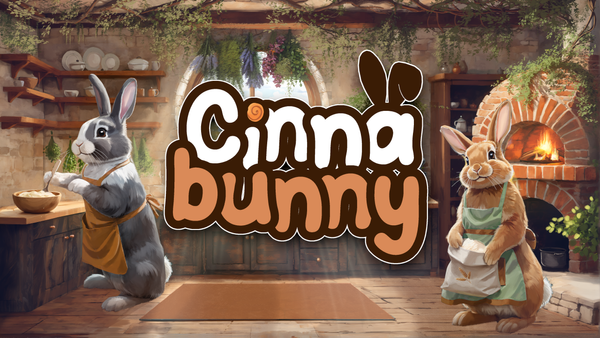 Cover art for the game. Two rabbits in aprons bake in a cottage kitchen.