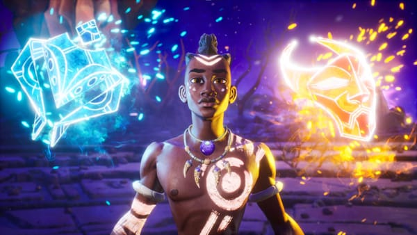 Image is Zau, the titular character with glowing shaman markings, with glowing blue and red masks