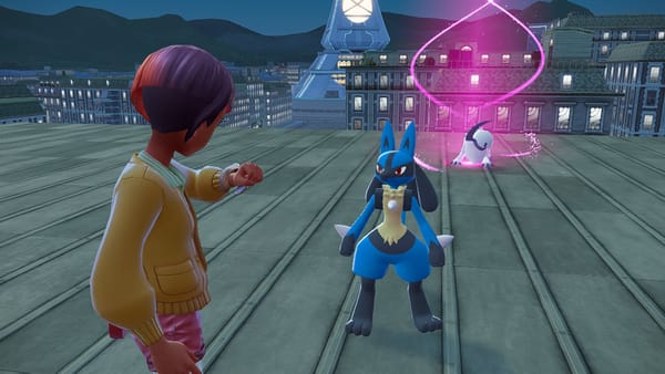Main character and a Lucario are looking at each other with an Absol going rogue on the background.