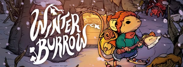 Title art for Winter Burrow; a brave mouse in winter gear holds an ax outside their treestump home.